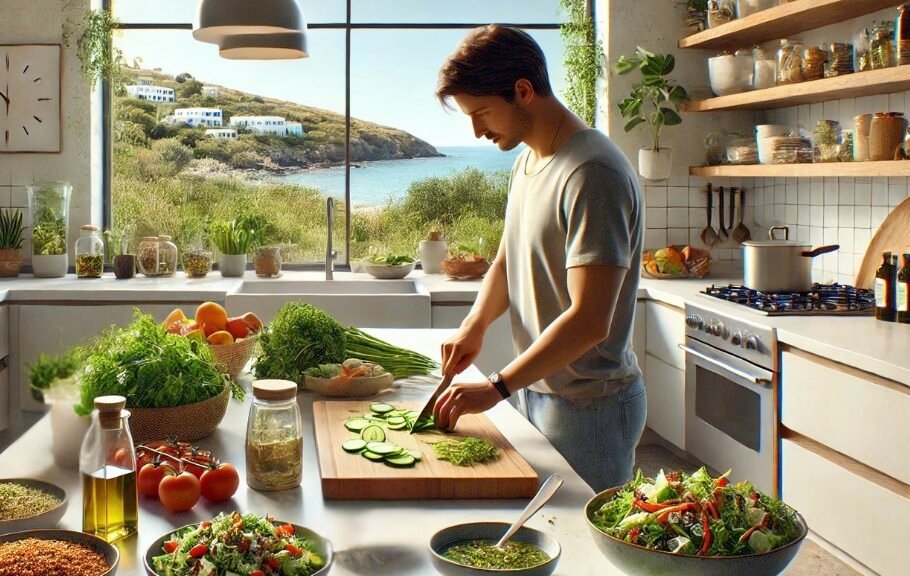 A man slicing cucumbers in a bright kitchen with fresh vegetables, olive oil, and a Mediterranean coastal view.